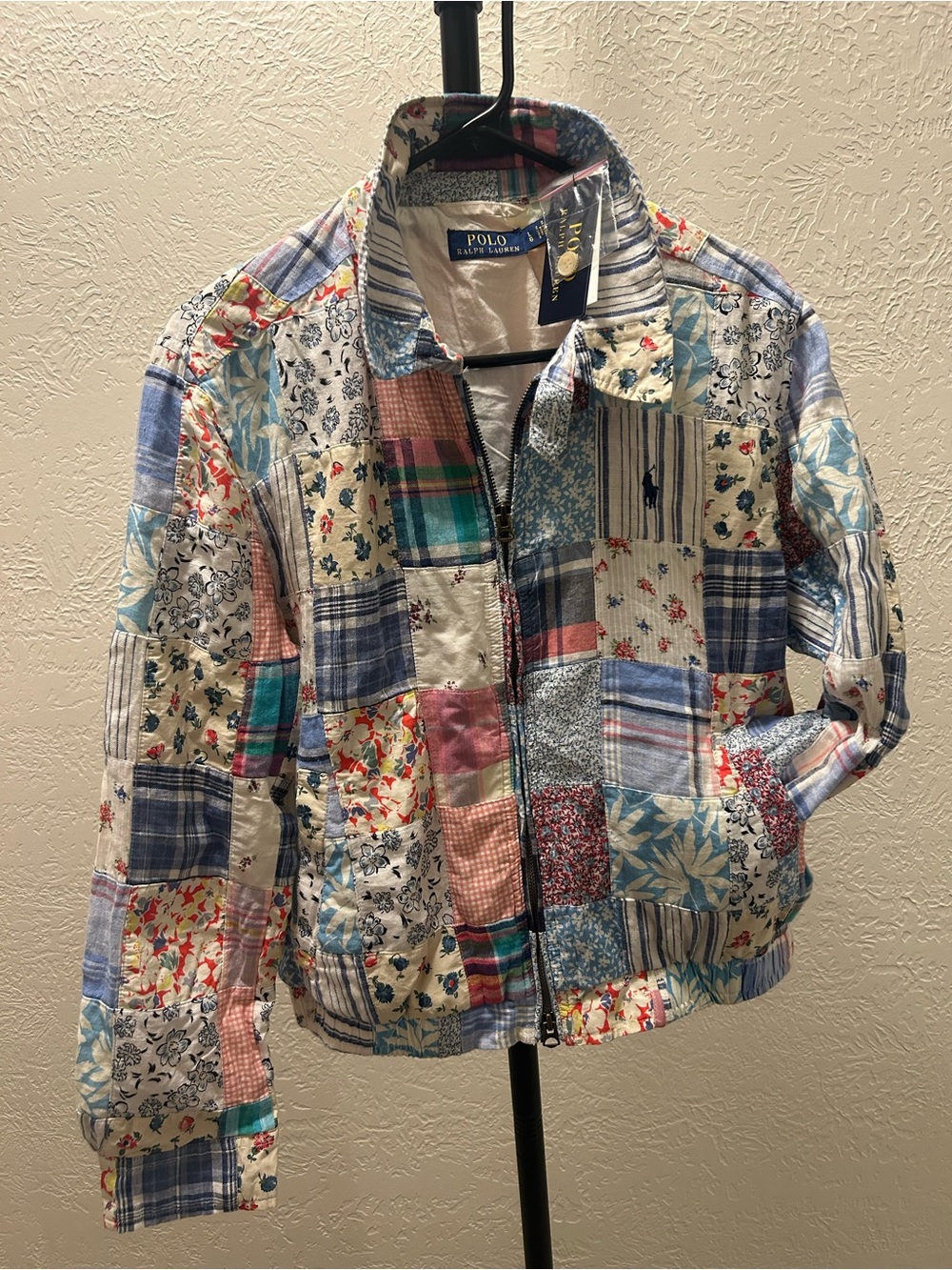 Polo by Ralph Lauren Patchwork Quilted Bomber Jacket - Blue, Cream, Pink